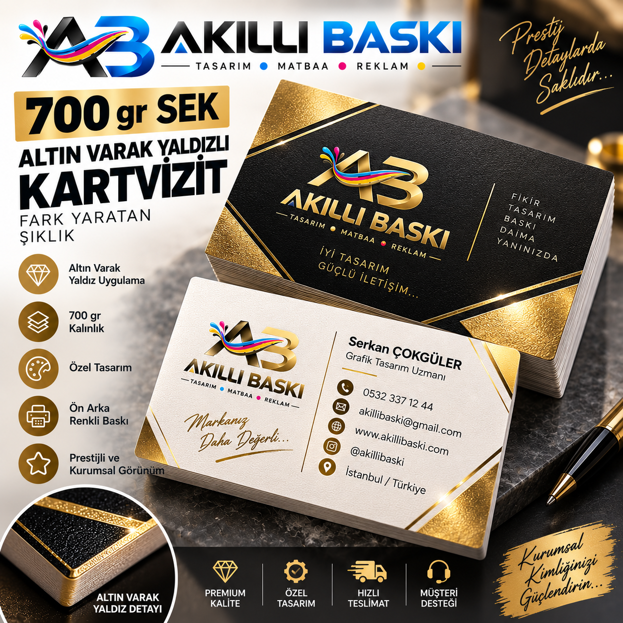 Altın Varak Kartvizit 700 Gr SEK | Akıllı Baskı