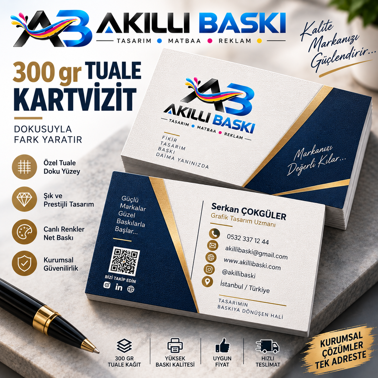 Tuale desenli kağıt kartvizit ile markanıza şık ve dokulu bir görünüm kazandırın. Kurumsal ve kişiye özel tuale kartvizit baskı seçeneklerini keşfedin.